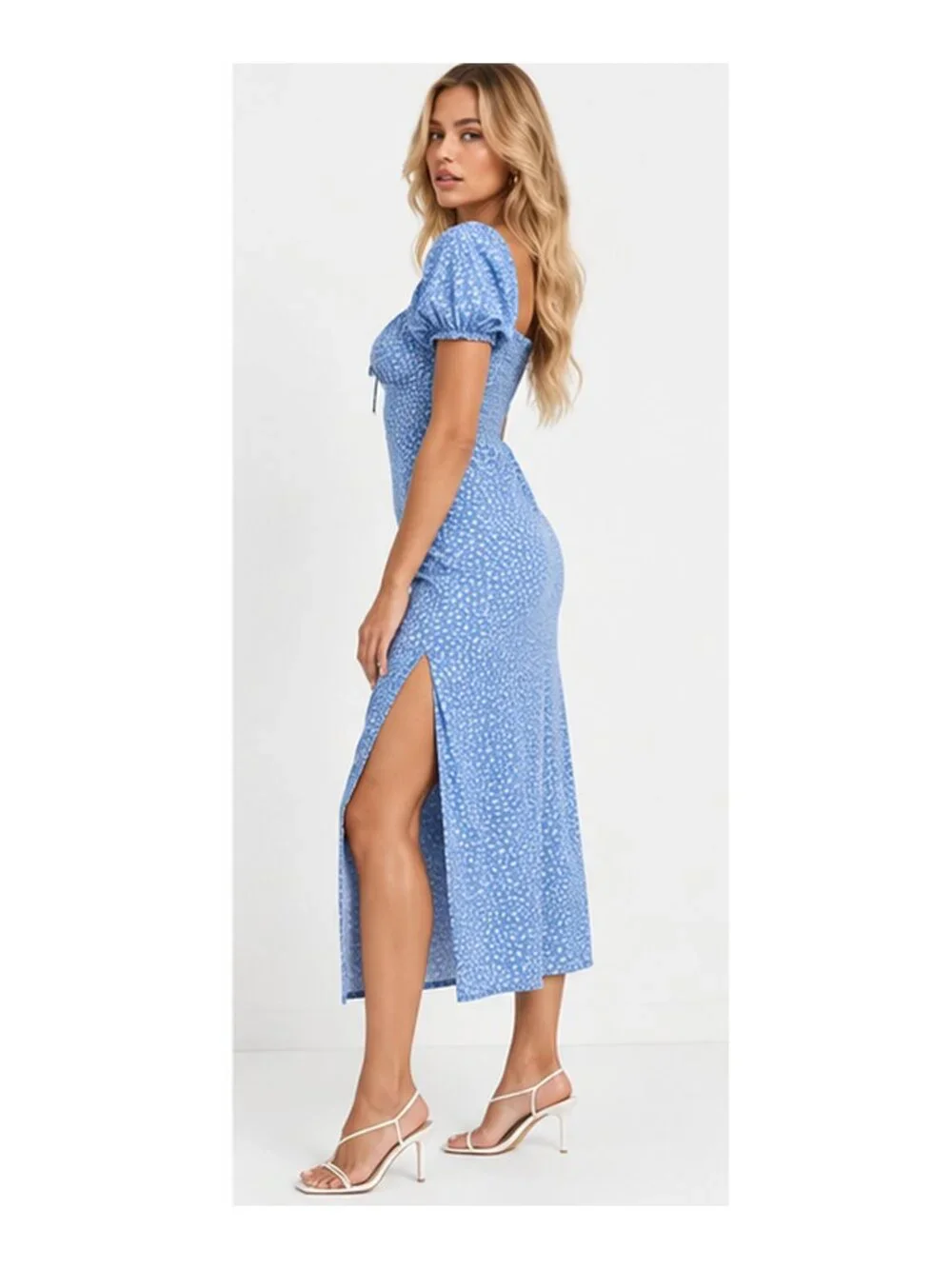 NA-KD Light Blue Floral Puff Sleeve Ruched Midi Dress Side Slit 6 S